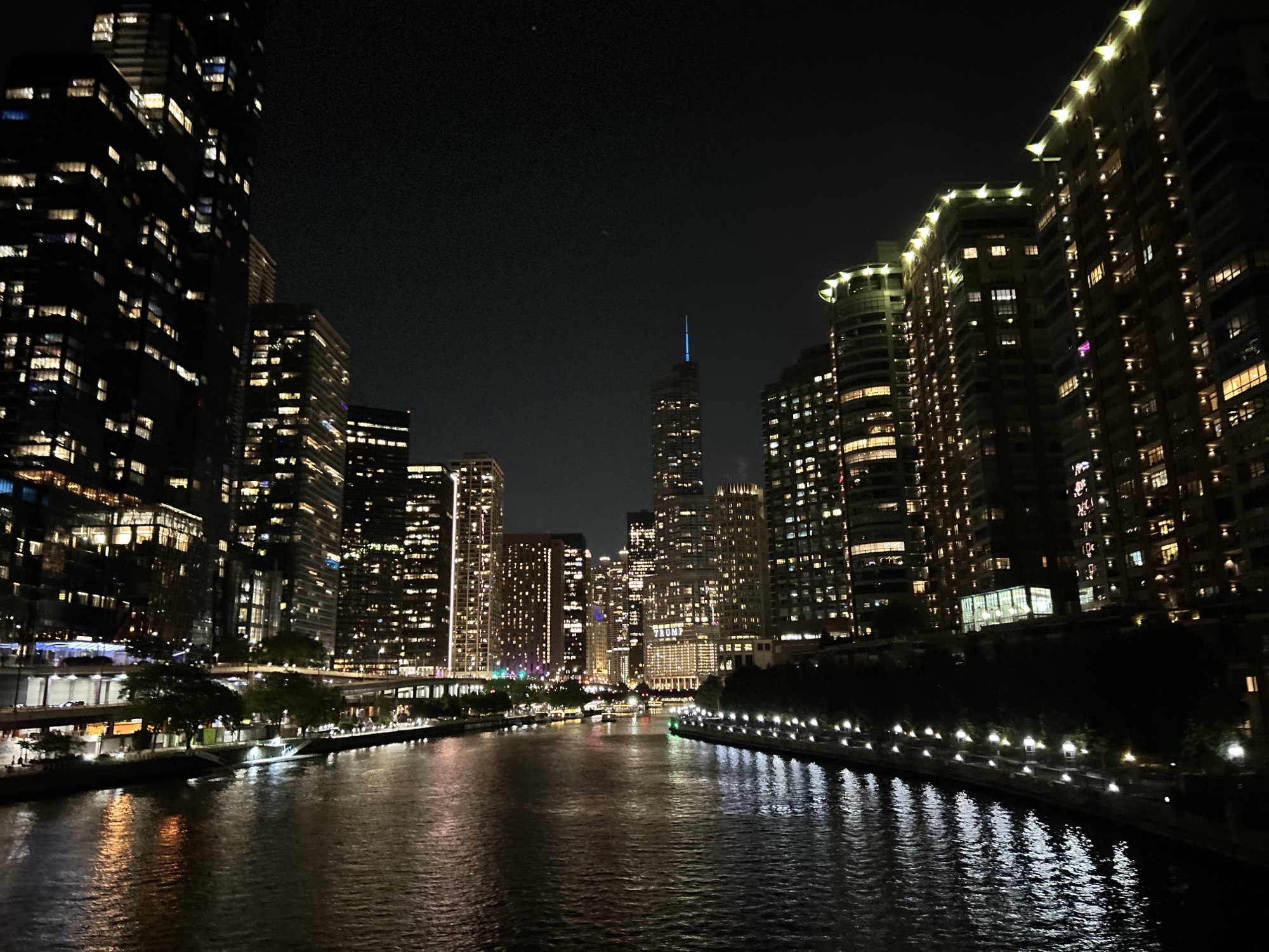 The Chicago River and Riverwalk at night