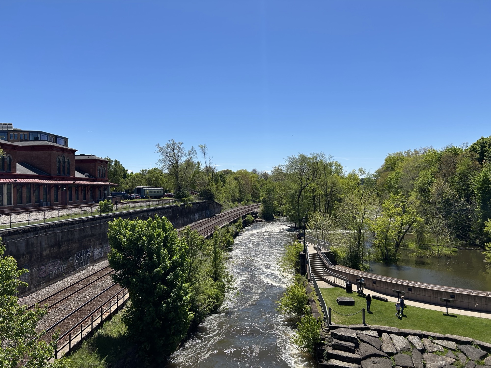 The Cuyahoga River running past the old train depot in Kent, Ohio